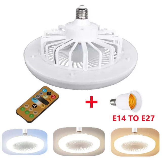 Ventilador de teto de 30W com lâmpada de iluminação Base conversora  com controle remoto para quarto, sala de estar e casa, silencioso, 3 velocidades, AC 85V-265V