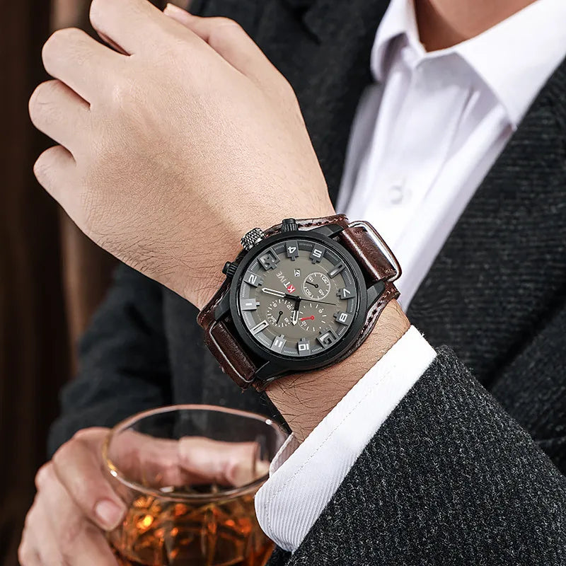 YIKAZE-Relógio de quartzo de luxo masculino, relógios retro clássicos, mostrador grande, pulseira de couro, data, relógio de pulso militar para homem