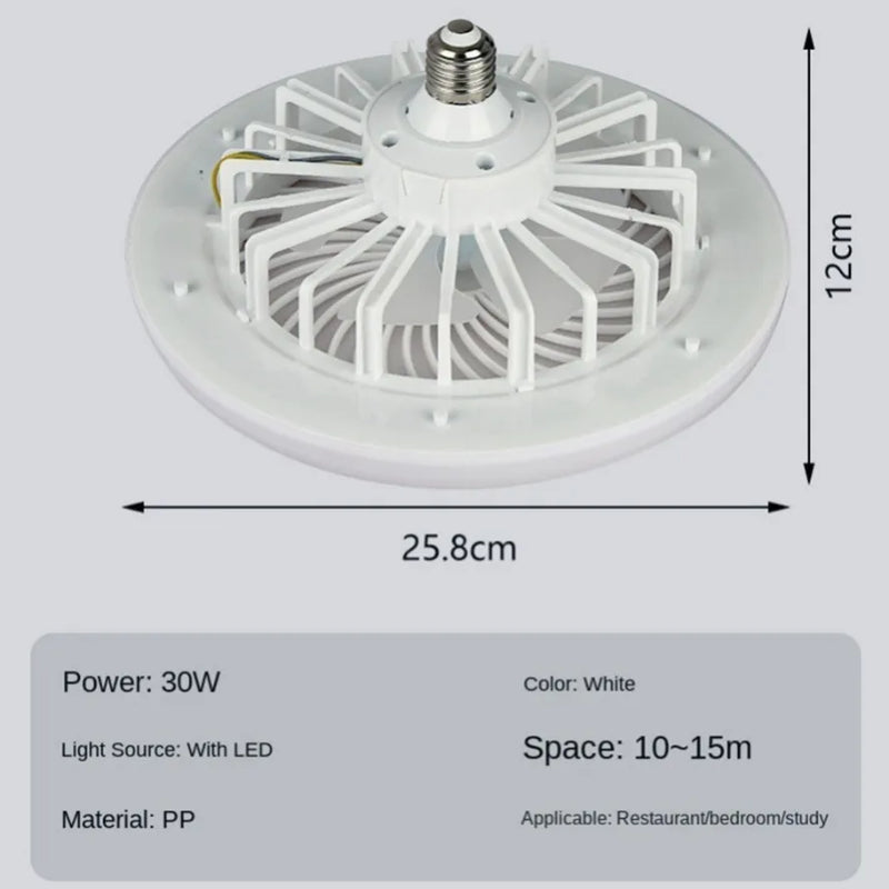 Ventilador de teto de 30W com lâmpada de iluminação Base conversora  com controle remoto para quarto, sala de estar e casa, silencioso, 3 velocidades, AC 85V-265V